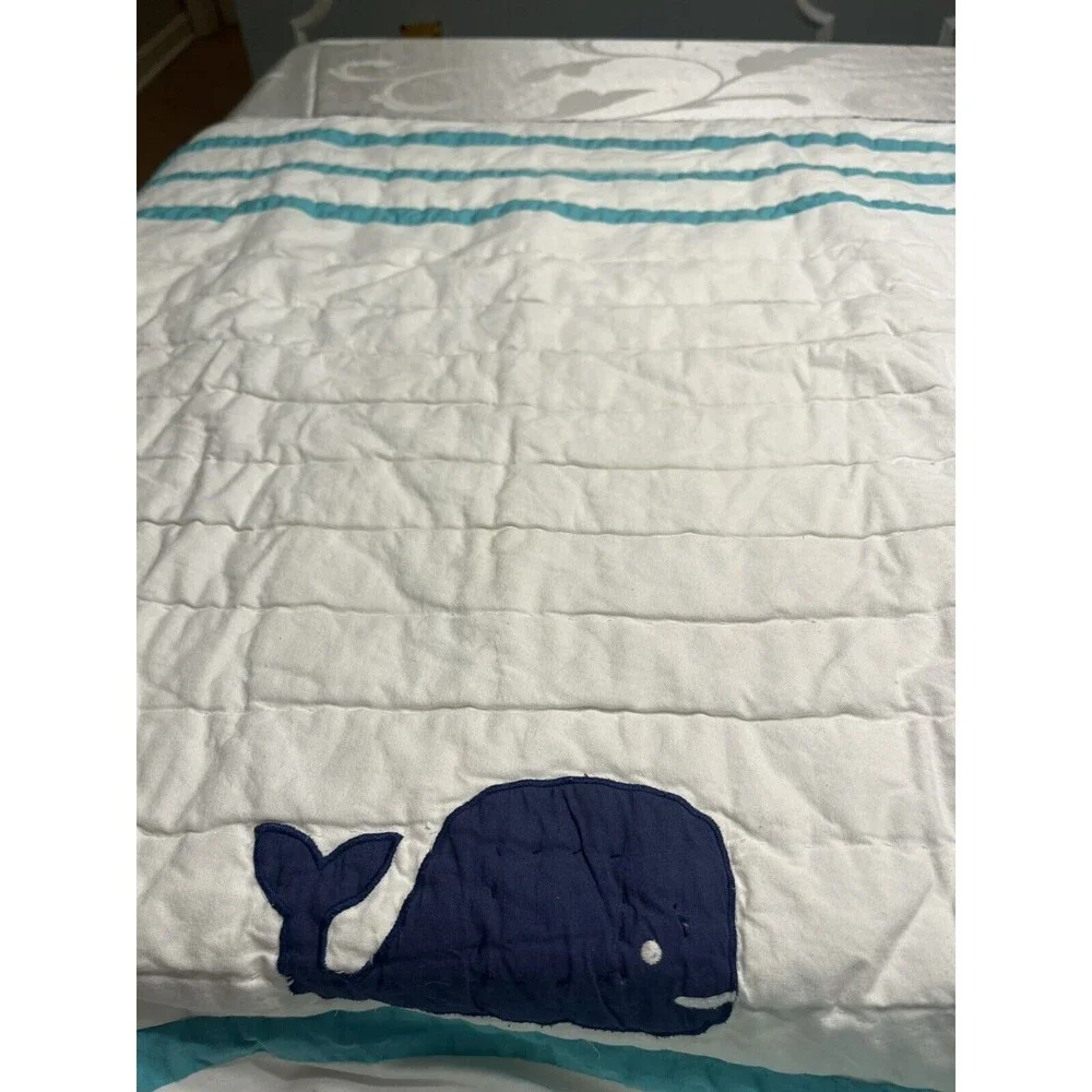 Pottery Barn Kids Hamptons Whale White Teal Baby Blue Toddler Crib Quilt 36x50”